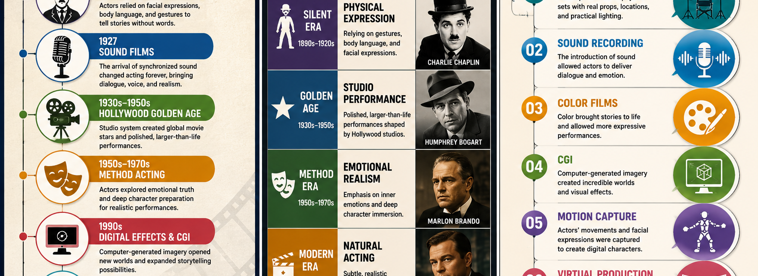The evolution of film acting from silent movie performers to modern actors using CGI, motion capture, streaming platforms, and AI technology.