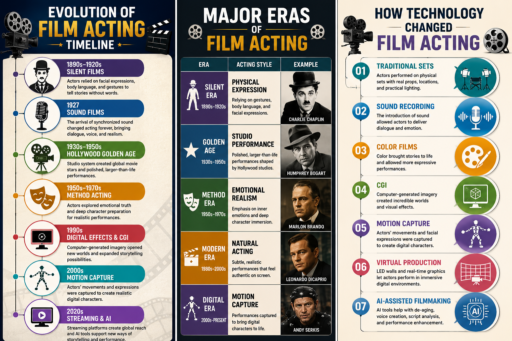 The evolution of film acting from silent movie performers to modern actors using CGI, motion capture, streaming platforms, and AI technology.