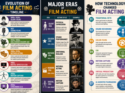 The evolution of film acting from silent movie performers to modern actors using CGI, motion capture, streaming platforms, and AI technology.