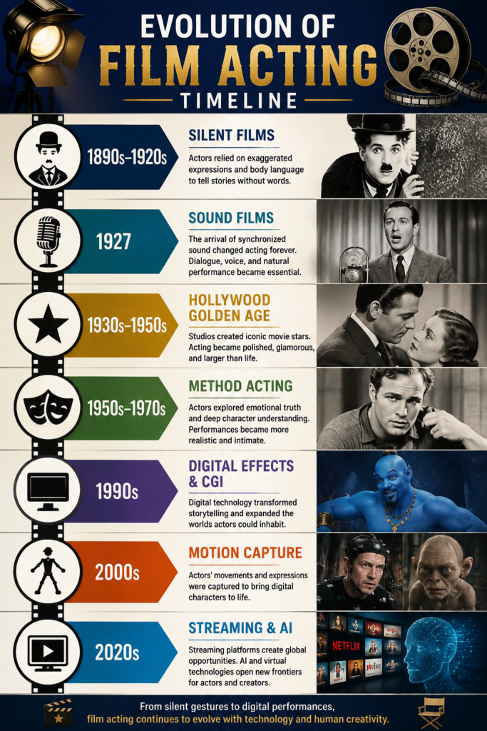 Timeline infographic showing the evolution of film acting from silent films and sound movies to Method Acting, digital effects, streaming platforms, and AI-driven filmmaking.