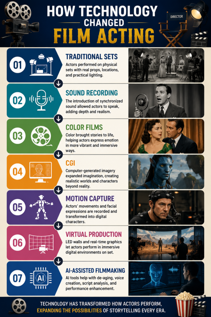 Infographic showing how technology changed film acting through sound recording, color films, CGI, motion capture, virtual production, and AI-assisted filmmaking.