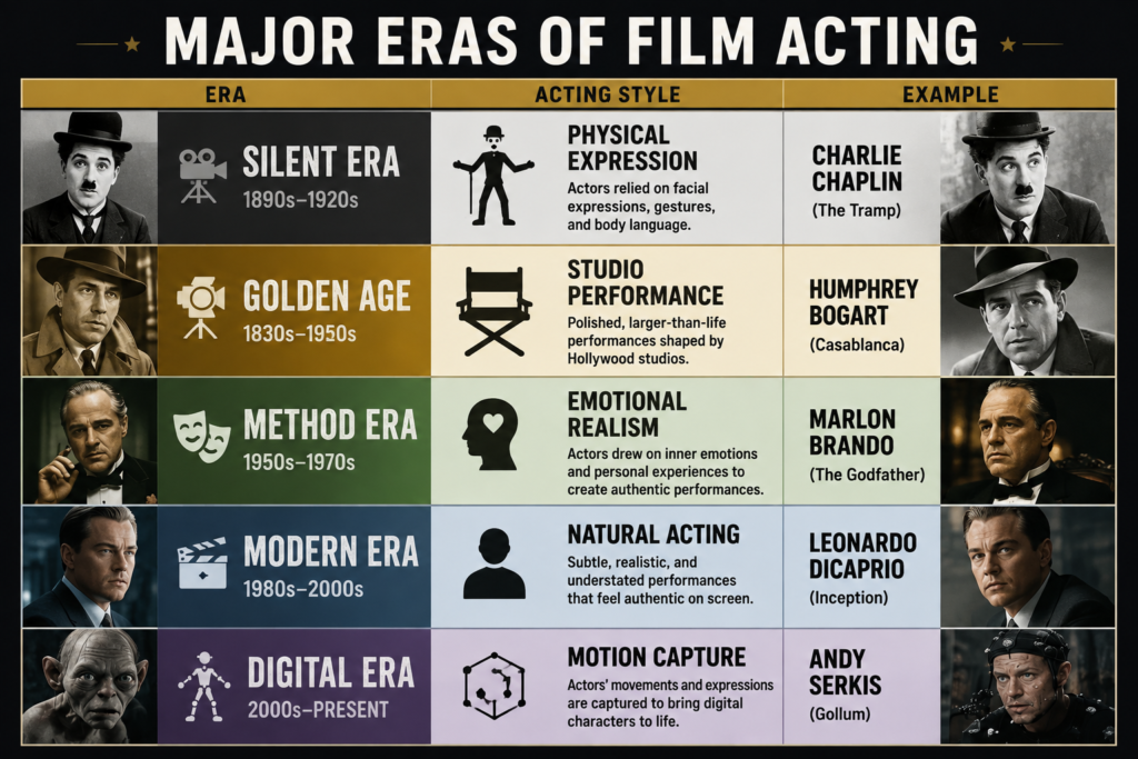 Comparison infographic showing the major eras of film acting, including silent cinema, Hollywood's Golden Age, Method Acting, modern naturalistic acting, and digital motion-capture performances.