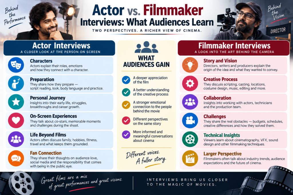 Comparison of actor and filmmaker interviews and the different insights audiences can learn from each