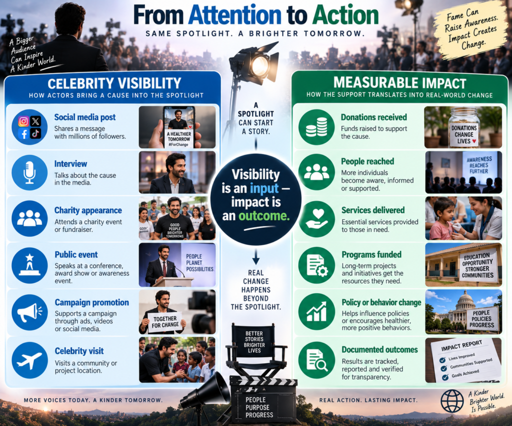 Difference between celebrity visibility and measurable social impact in charitable campaigns