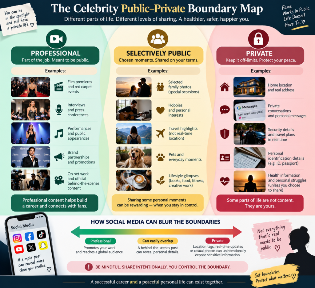 Celebrity public and private life boundary map showing professional, selective, and private information