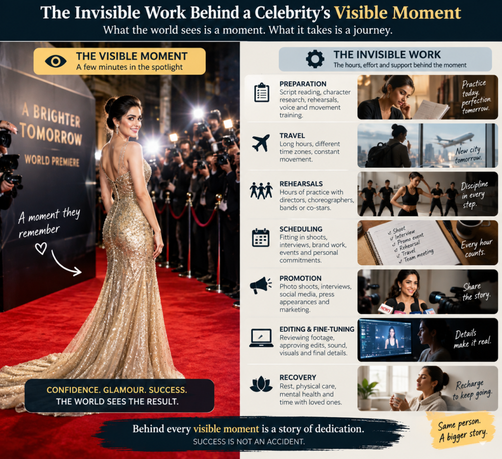 Infographic showing the hidden work behind celebrity public appearances and performances