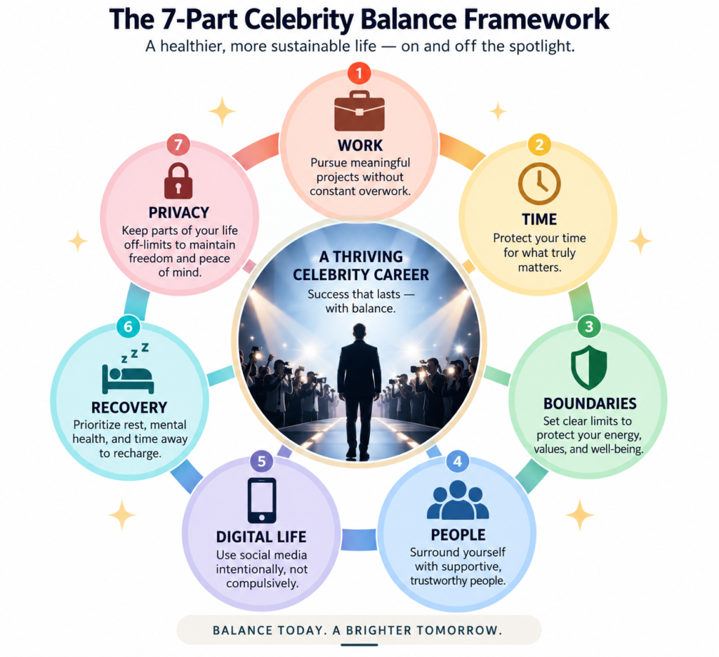 Celebrity work and personal life balance framework showing seven key factors