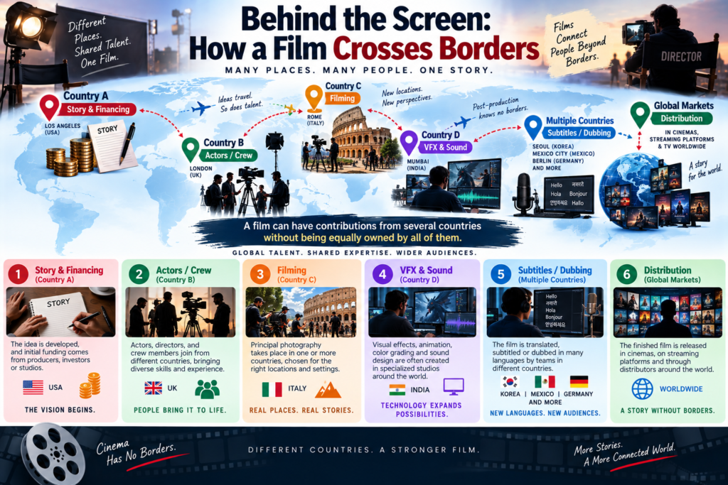Cross-border film production workflow showing financing, talent, filming, post-production and international distribution