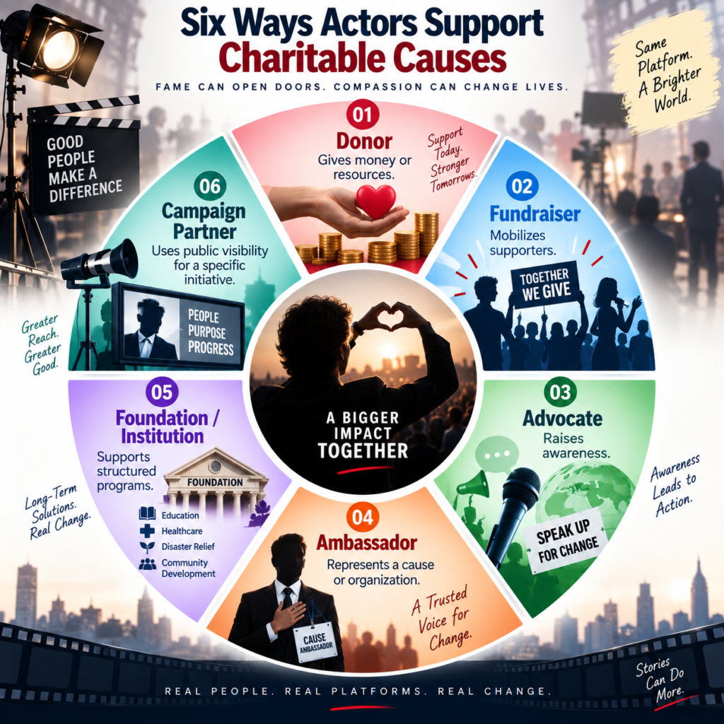 Six ways actors support charitable causes through donations, fundraising, advocacy, ambassador roles, foundations and campaigns
