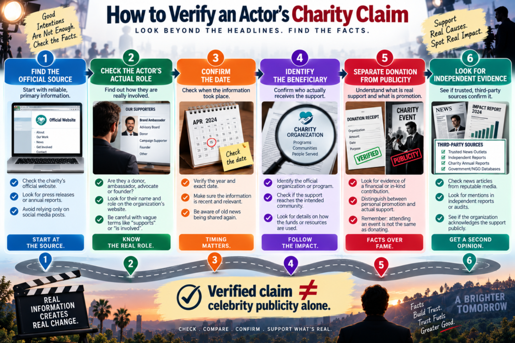 Six-step checklist for verifying an actor's charitable work using official and reliable sources
