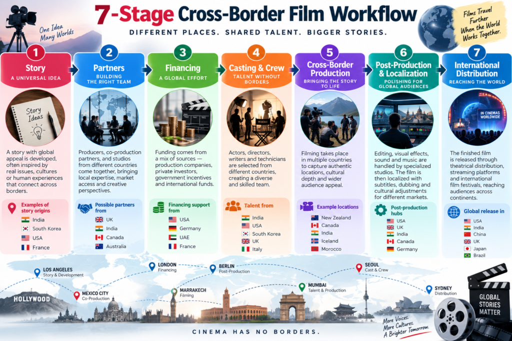 Seven-stage international film collaboration process from story development to global distribution